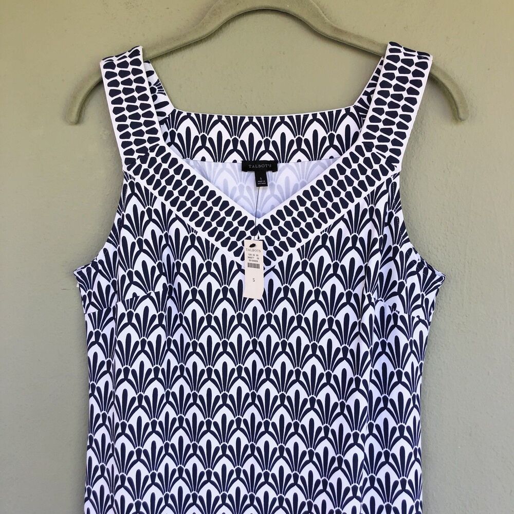 Talbots Effortless Jersey Dress S Blue White Fan Print Sleeveless V Neck Coastal - Picture 3 of 13